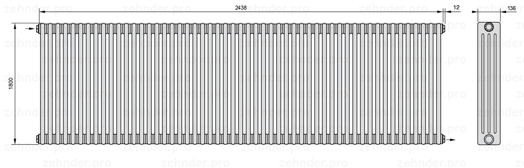 Схема (чертеж) Радиатор Zehnder Charleston 4180/53 №1670 Белый глянцевый RAL 9016